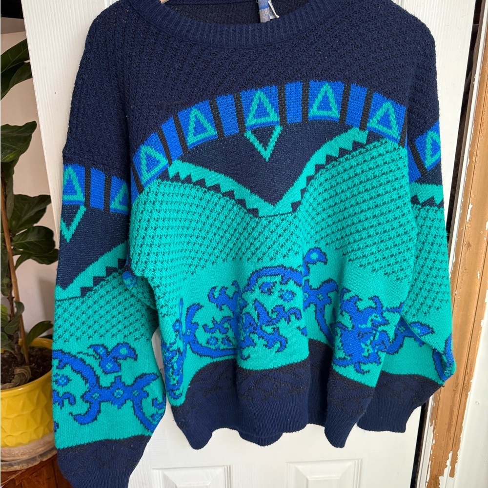 80’s 90’s Robert Bruce Navy and Teal Geometric Pattern Sweater